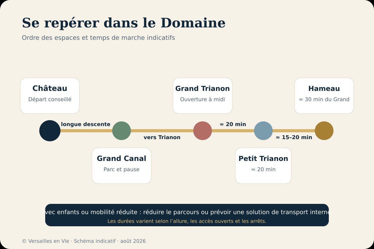Schéma des distances entre le Château, le Grand Canal, Trianon et le Hameau de la Reine