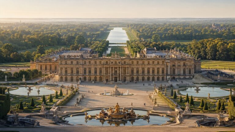 Vue illustrée du château de Versailles, des jardins et du Grand Canal