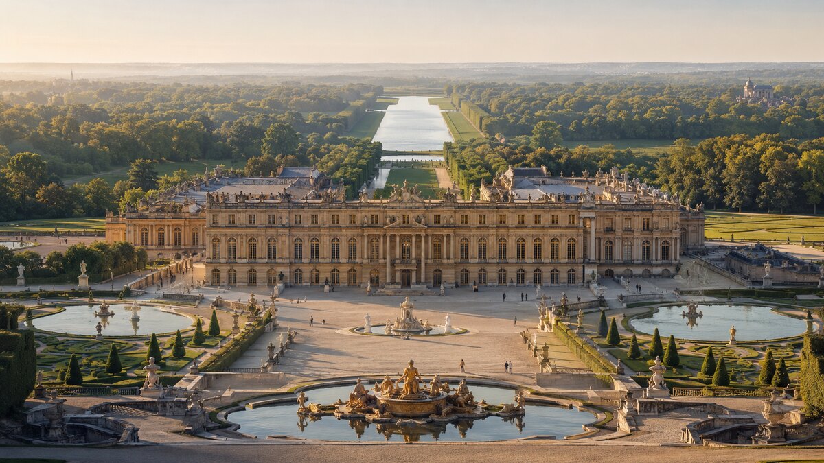 Vue illustrée du château de Versailles, des jardins et du Grand Canal