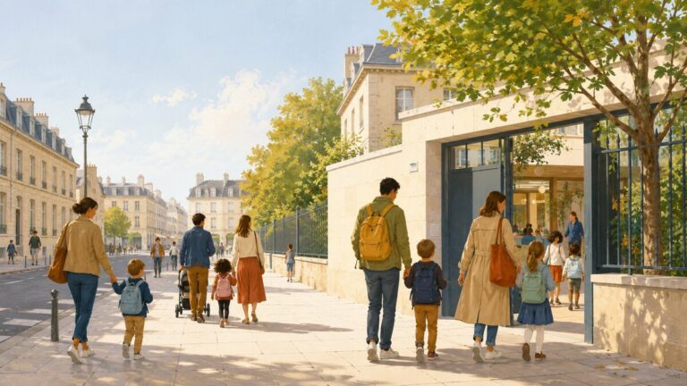 Des familles et des enfants devant une école de quartier à Versailles