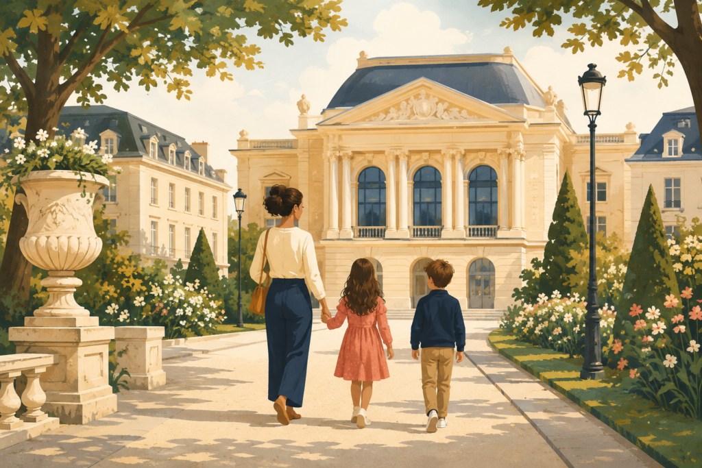 Une famille se rend à une sortie culturelle dans un jardin versaillais