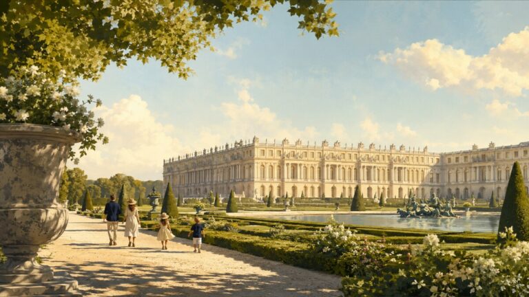 Famille illustrée se promenant dans les jardins du château de Versailles