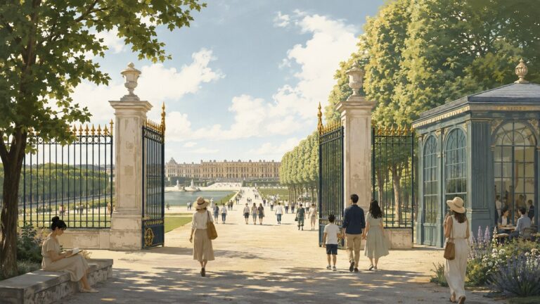 Entrée illustrée d’un parc de Versailles accessible aux promeneurs