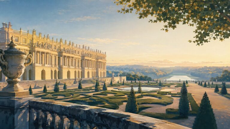 Vue illustrée du château et des jardins de Versailles au lever du jour