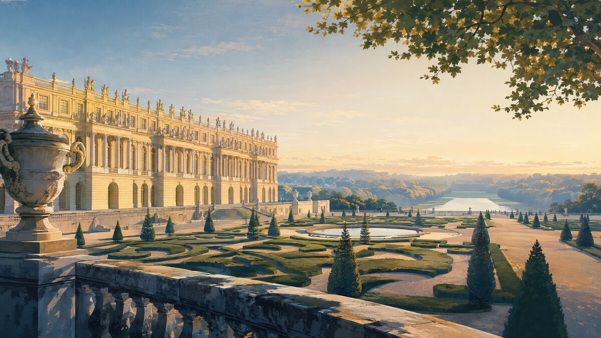 Vue illustrée du château et des jardins de Versailles au lever du jour