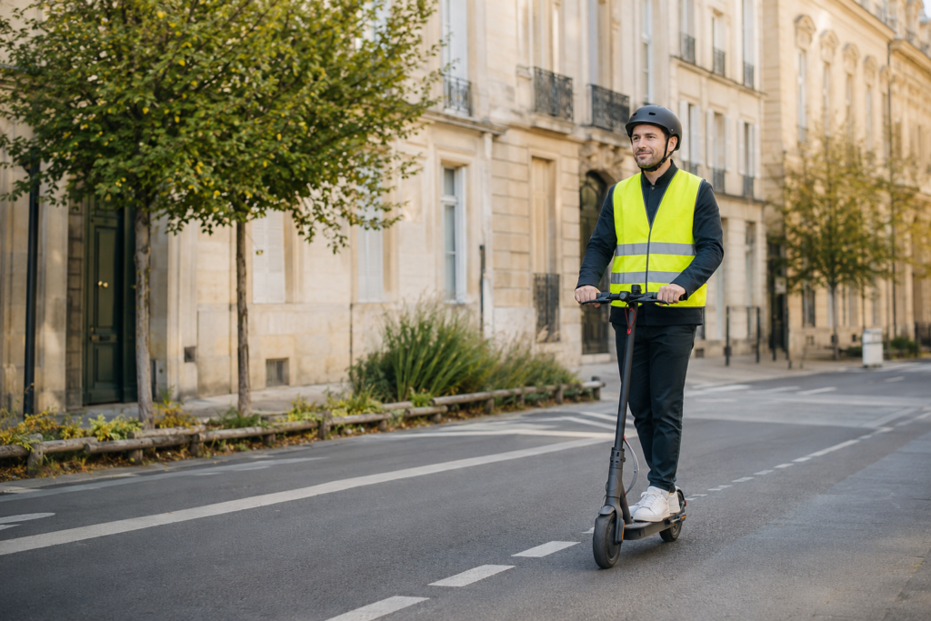 Conducteur de trottinette électrique portant un casque et un gilet réfléchissant dans les Yvelines