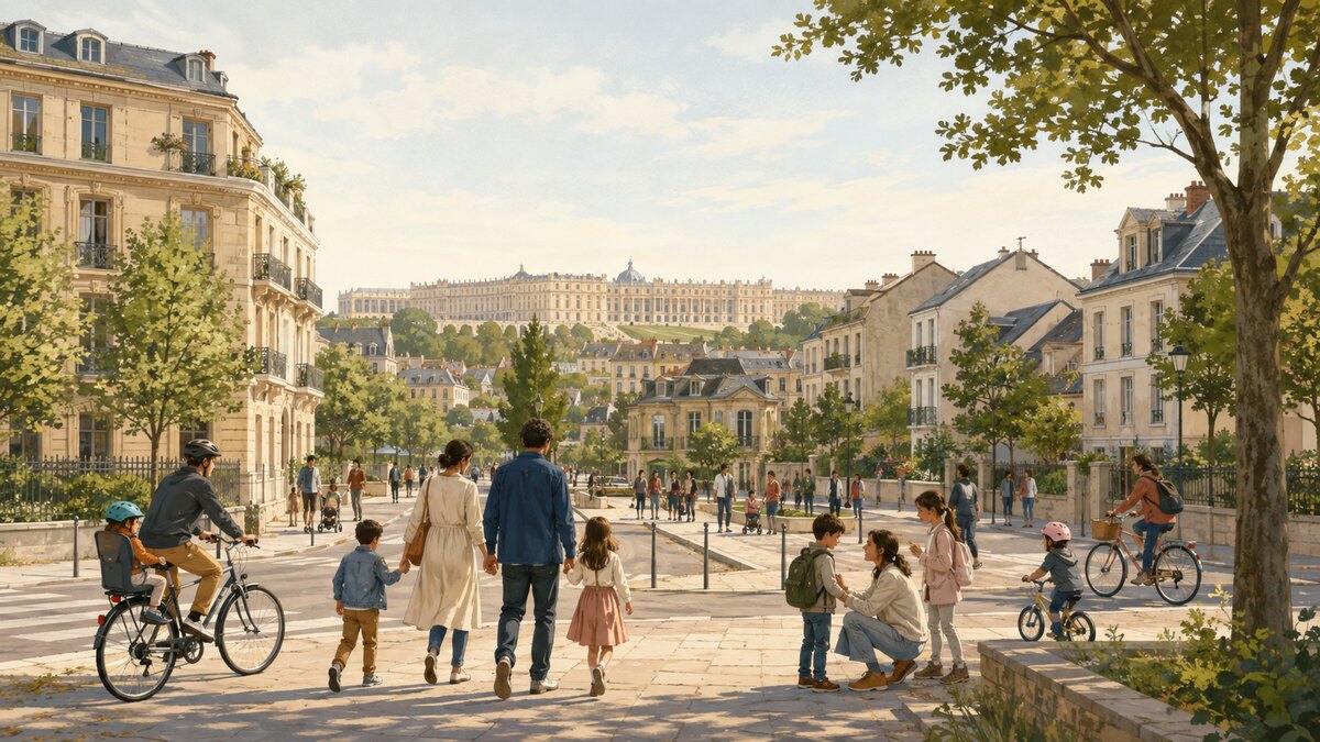 Illustration de la vie à Versailles avec des familles, des enfants et des logements