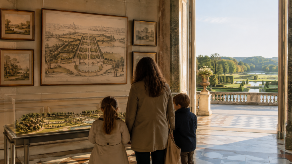 Illustration d’une sortie en famille dans les jardins de Trianon