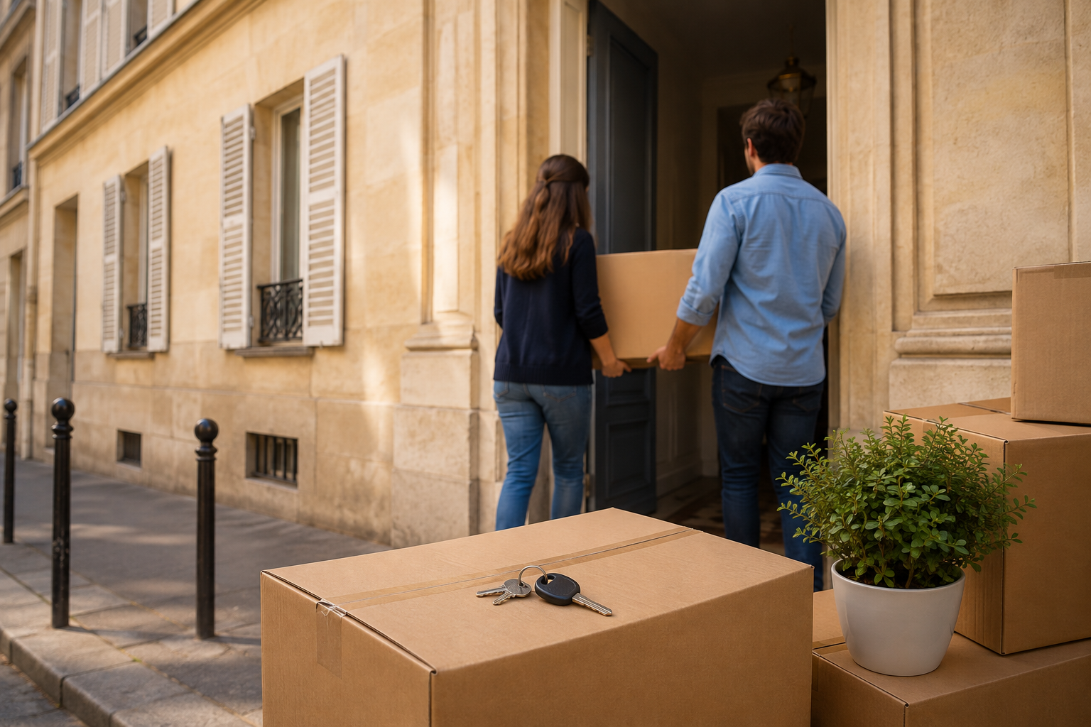 Déménagement dans un appartement à Versailles avec cartons, clés et plante