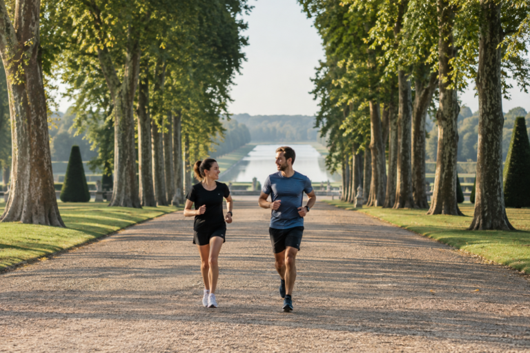 Deux coureurs sur une allée arborée du parc de Versailles