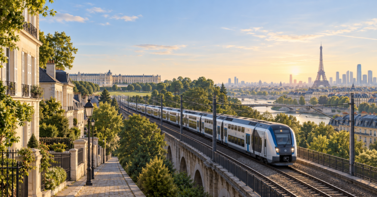 Train reliant les quartiers résidentiels de Versailles à Paris au lever du jour
