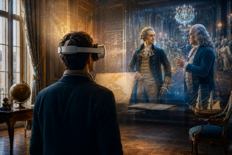 Visiteur découvrant une scène historique en réalité virtuelle au Château de Versailles