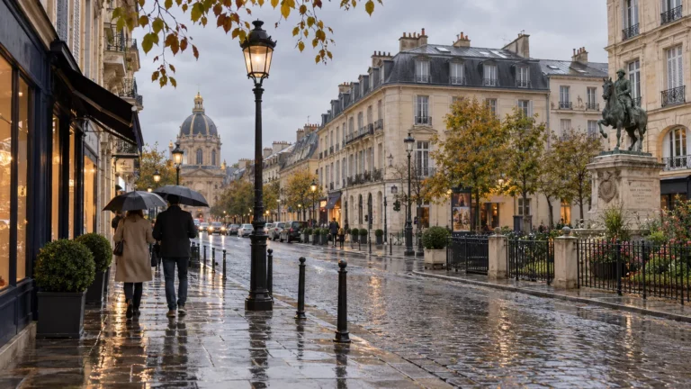 Que faire à Versailles sous la pluie : rue pavée et parapluies