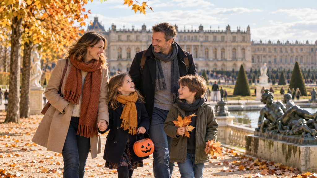 Famille en promenade à Versailles en automne pendant les vacances de la Toussaint