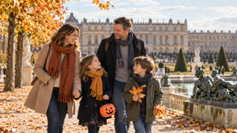 Famille en promenade à Versailles en automne pendant les vacances de la Toussaint