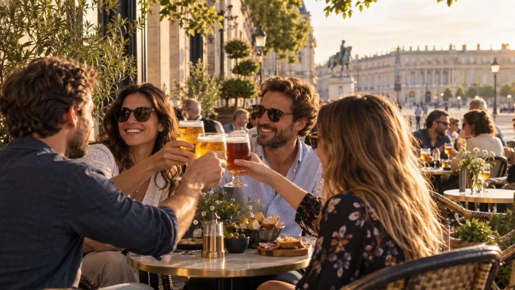 Illustration de personnes partageant des bières en terrasse à Versailles